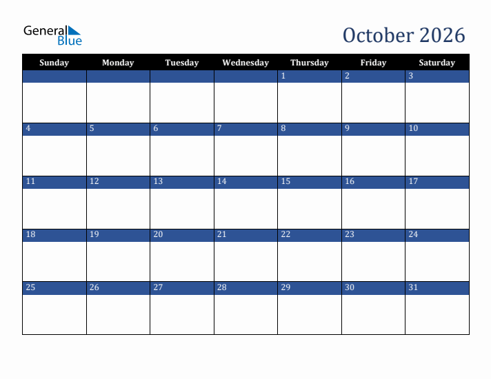 Sunday Start Calendar for October 2026