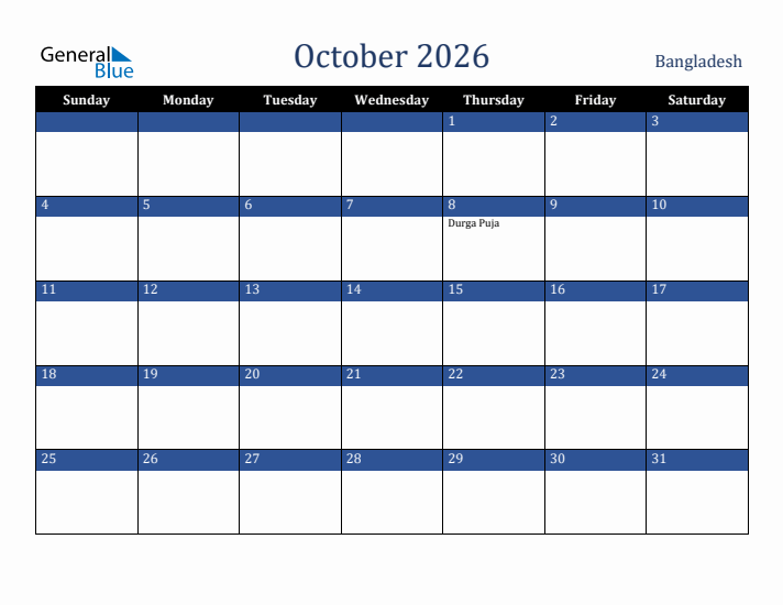October 2026 Bangladesh Calendar (Sunday Start)
