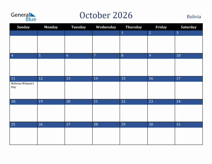 October 2026 Bolivia Calendar (Sunday Start)