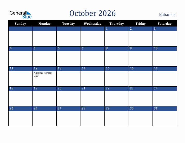October 2026 Bahamas Calendar (Sunday Start)