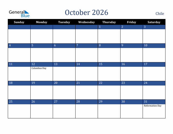 October 2026 Chile Calendar (Sunday Start)