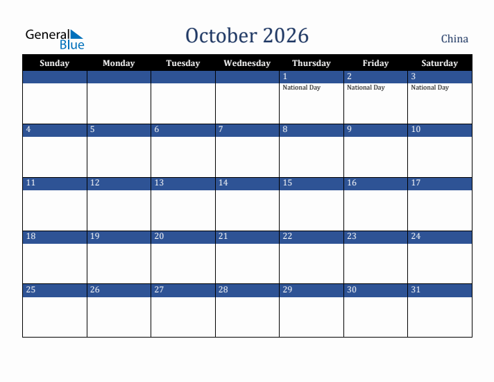 October 2026 China Calendar (Sunday Start)