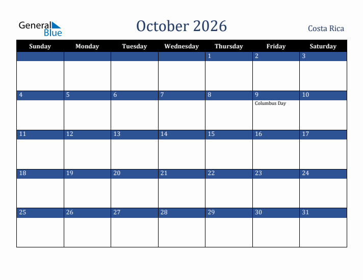 October 2026 Costa Rica Calendar (Sunday Start)