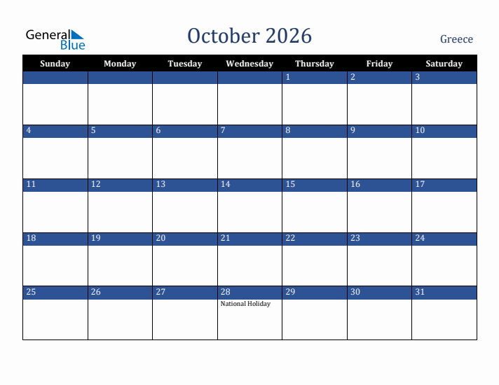 October 2026 Greece Calendar (Sunday Start)