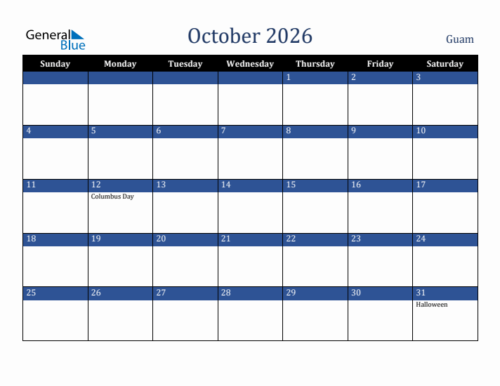 October 2026 Guam Calendar (Sunday Start)