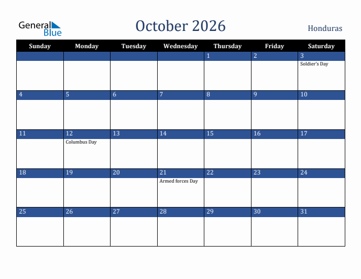 October 2026 Honduras Calendar (Sunday Start)