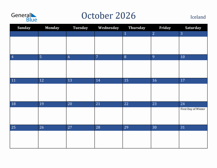 October 2026 Iceland Calendar (Sunday Start)