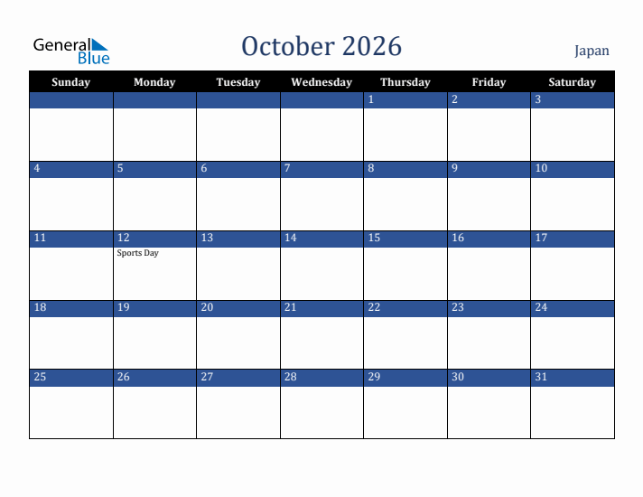 October 2026 Japan Calendar (Sunday Start)