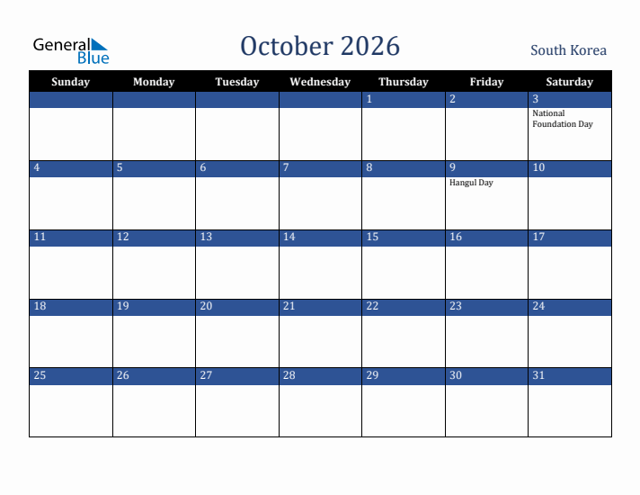 October 2026 South Korea Calendar (Sunday Start)