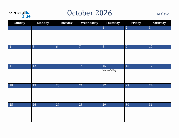 October 2026 Malawi Calendar (Sunday Start)