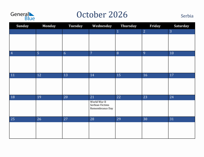 October 2026 Serbia Calendar (Sunday Start)