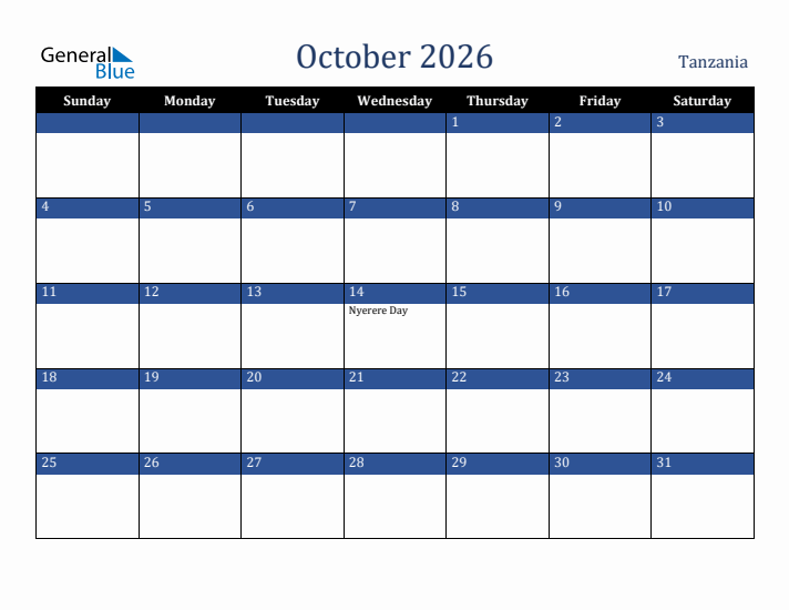 October 2026 Tanzania Calendar (Sunday Start)