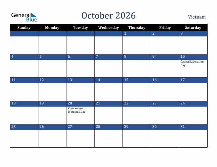 October 2026 Vietnam Calendar (Sunday Start)