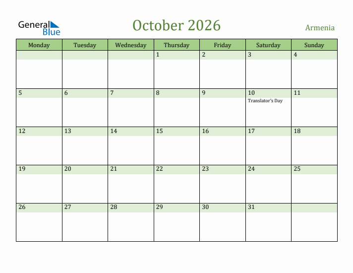 October 2026 Calendar with Armenia Holidays
