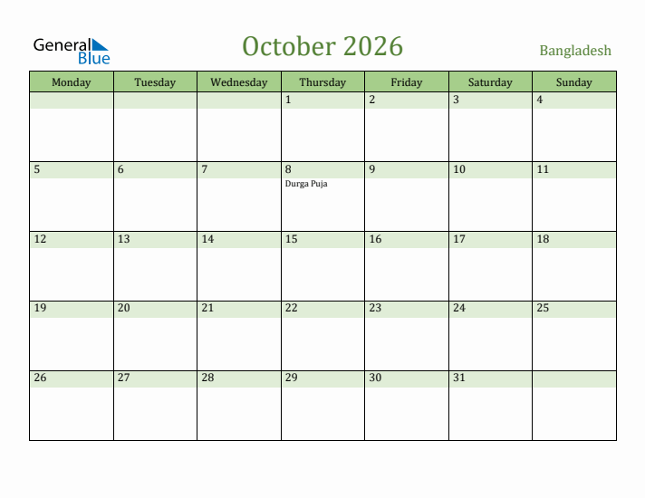 October 2026 Calendar with Bangladesh Holidays