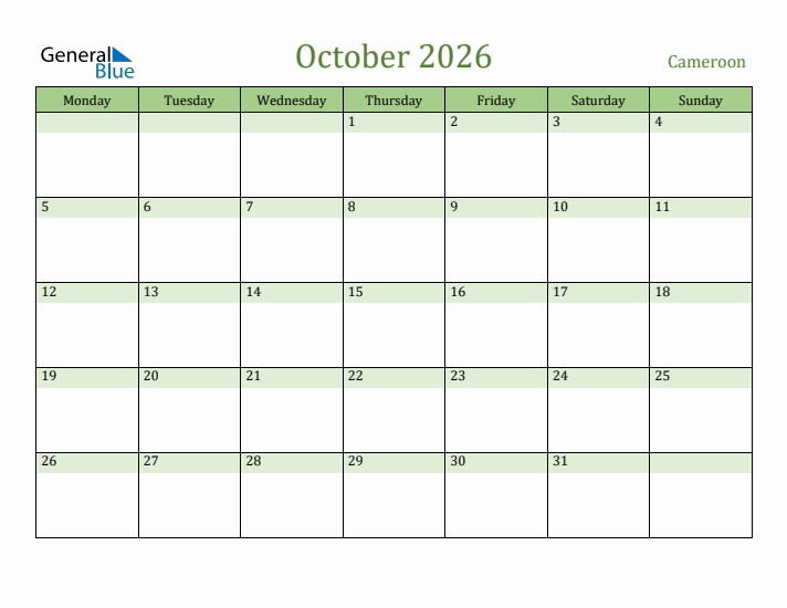 October 2026 Calendar with Cameroon Holidays