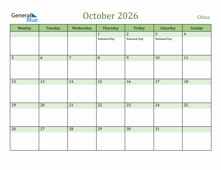 October 2026 Calendar with China Holidays