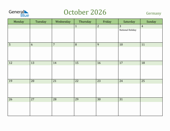 October 2026 Calendar with Germany Holidays
