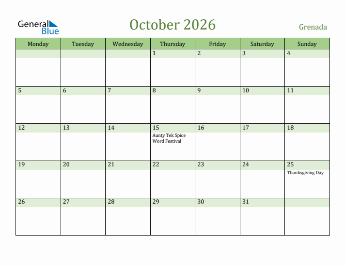 October 2026 Calendar with Grenada Holidays