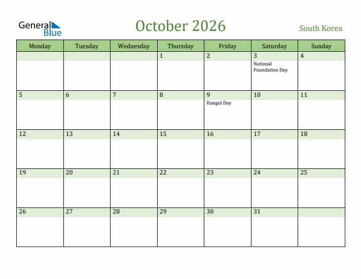 October 2026 Calendar with South Korea Holidays