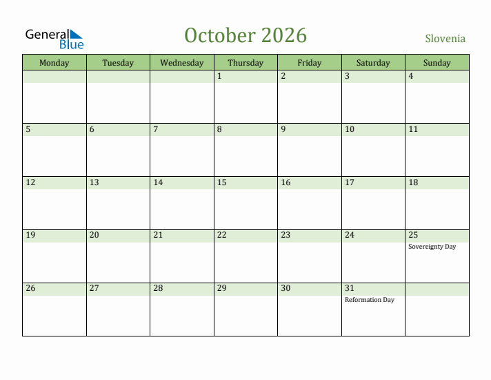 October 2026 Calendar with Slovenia Holidays