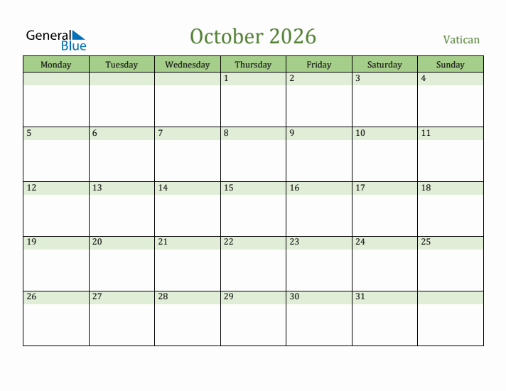 October 2026 Calendar with Vatican Holidays