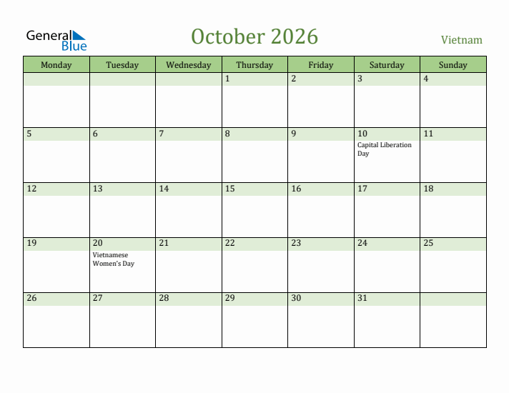 October 2026 Calendar with Vietnam Holidays