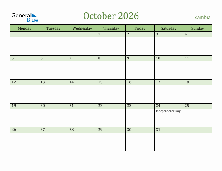 October 2026 Calendar with Zambia Holidays