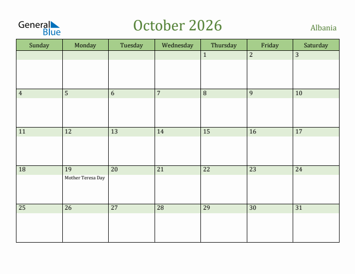 October 2026 Calendar with Albania Holidays