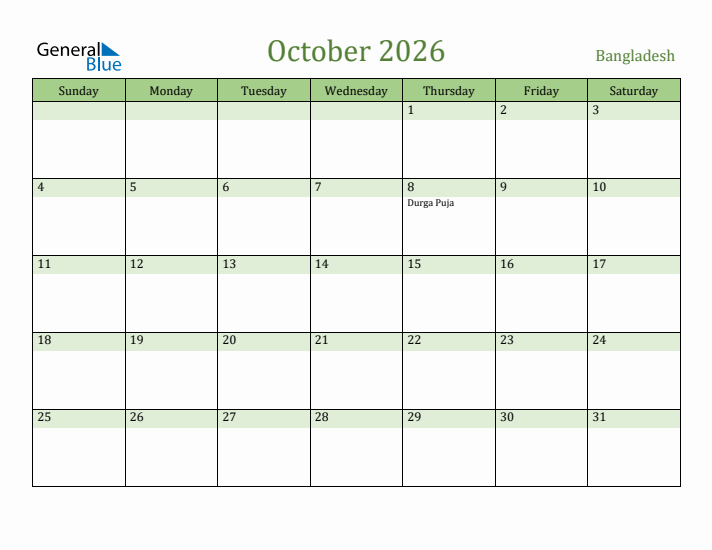 October 2026 Calendar with Bangladesh Holidays