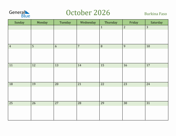 October 2026 Calendar with Burkina Faso Holidays