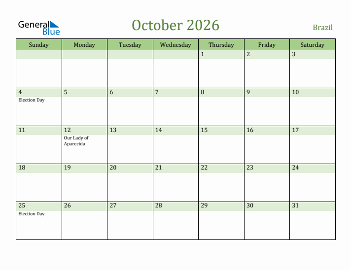 October 2026 Calendar with Brazil Holidays