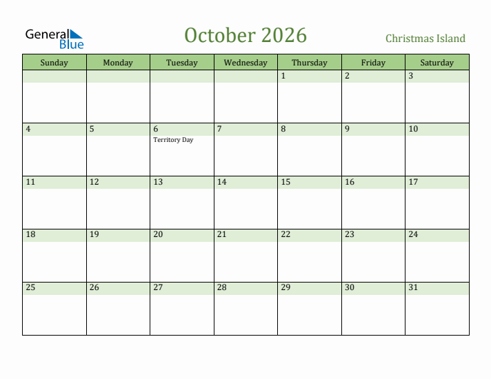 October 2026 Calendar with Christmas Island Holidays