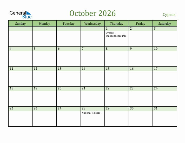 October 2026 Calendar with Cyprus Holidays