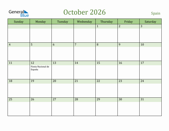 October 2026 Calendar with Spain Holidays