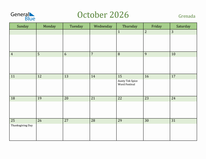 October 2026 Calendar with Grenada Holidays