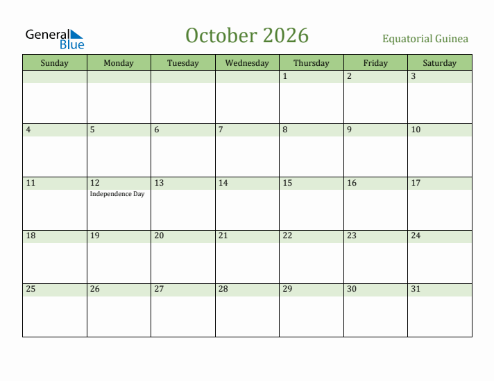 October 2026 Calendar with Equatorial Guinea Holidays
