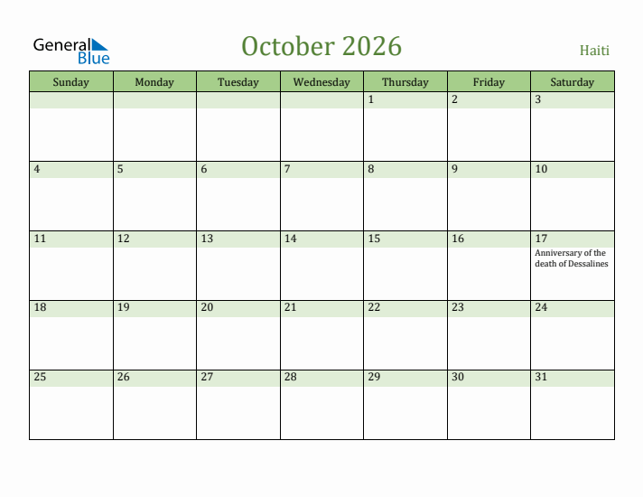 October 2026 Calendar with Haiti Holidays