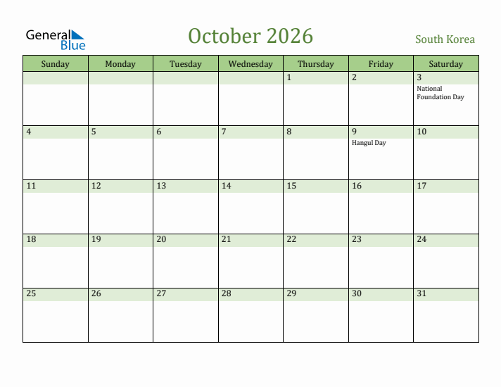 October 2026 Calendar with South Korea Holidays