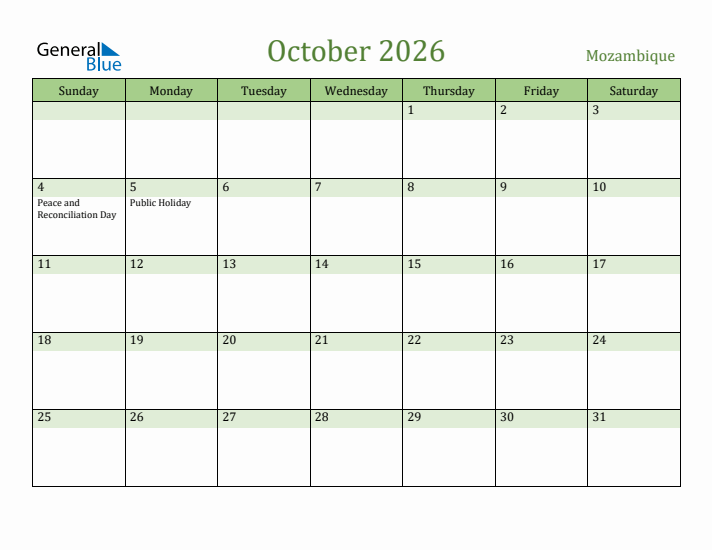 October 2026 Calendar with Mozambique Holidays