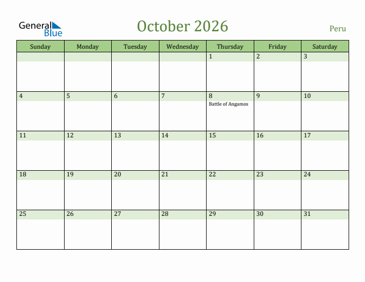 October 2026 Calendar with Peru Holidays