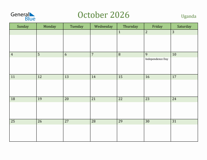 October 2026 Calendar with Uganda Holidays