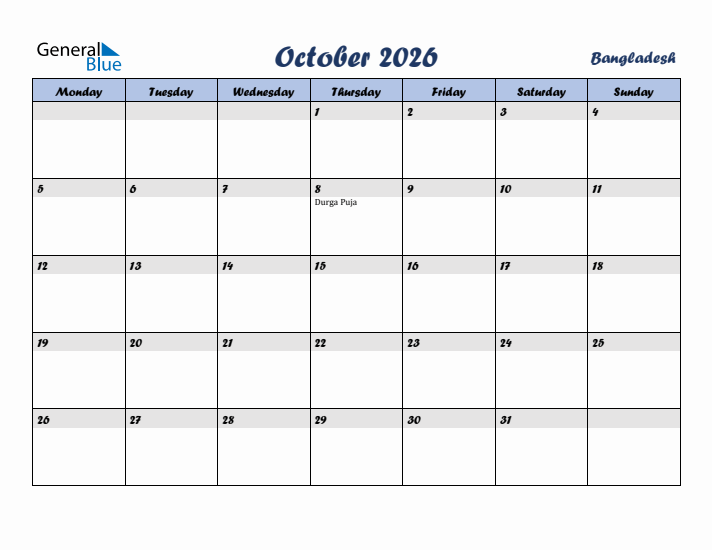 October 2026 Calendar with Holidays in Bangladesh