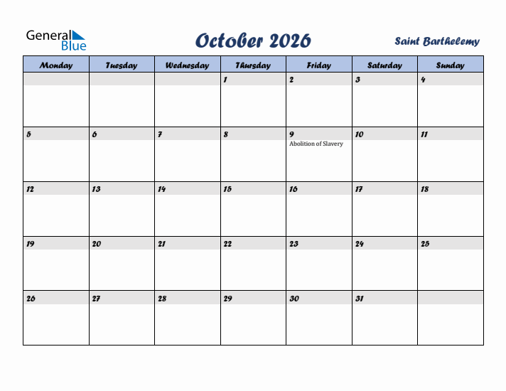 October 2026 Calendar with Holidays in Saint Barthelemy