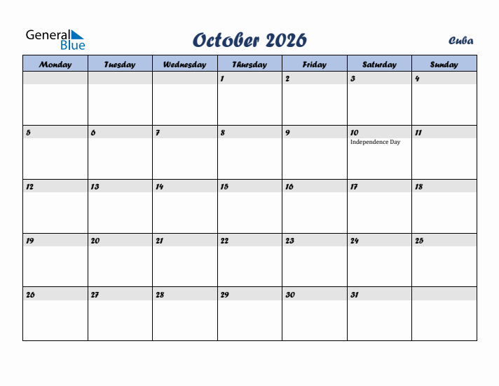 October 2026 Calendar with Holidays in Cuba