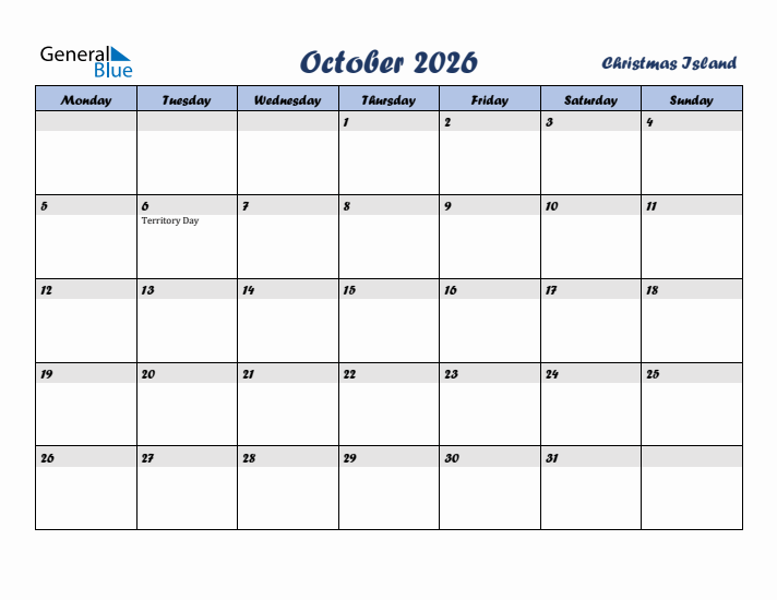 October 2026 Calendar with Holidays in Christmas Island