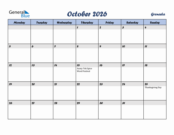 October 2026 Calendar with Holidays in Grenada