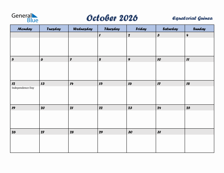 October 2026 Calendar with Holidays in Equatorial Guinea