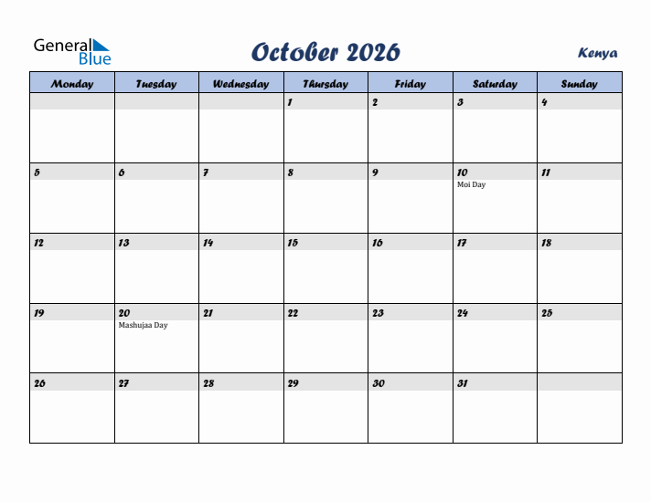 October 2026 Calendar with Holidays in Kenya