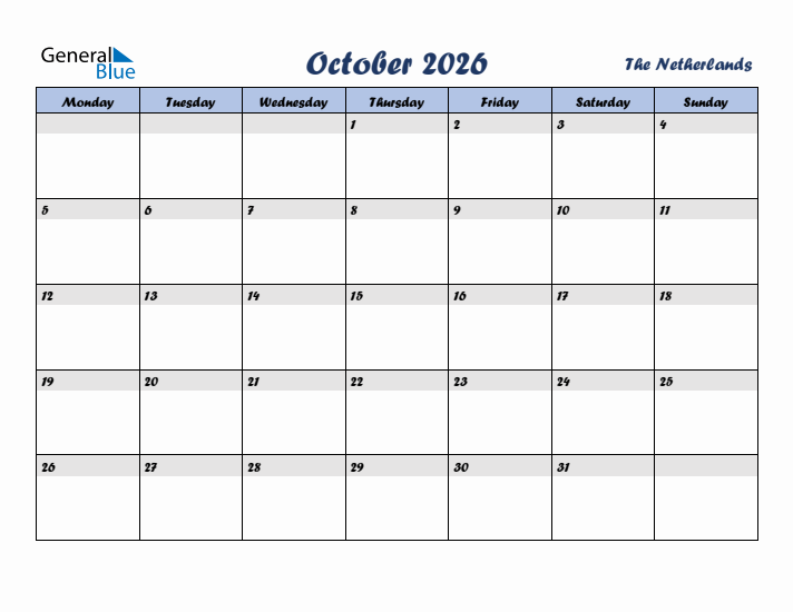 October 2026 Calendar with Holidays in The Netherlands